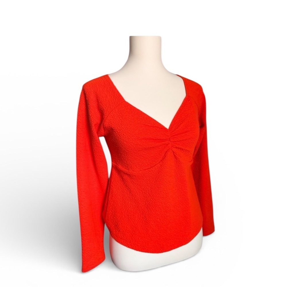Maeve by Anthropologie Textured Ruched‎ V Neck Long Sleeve Top Orange Medium